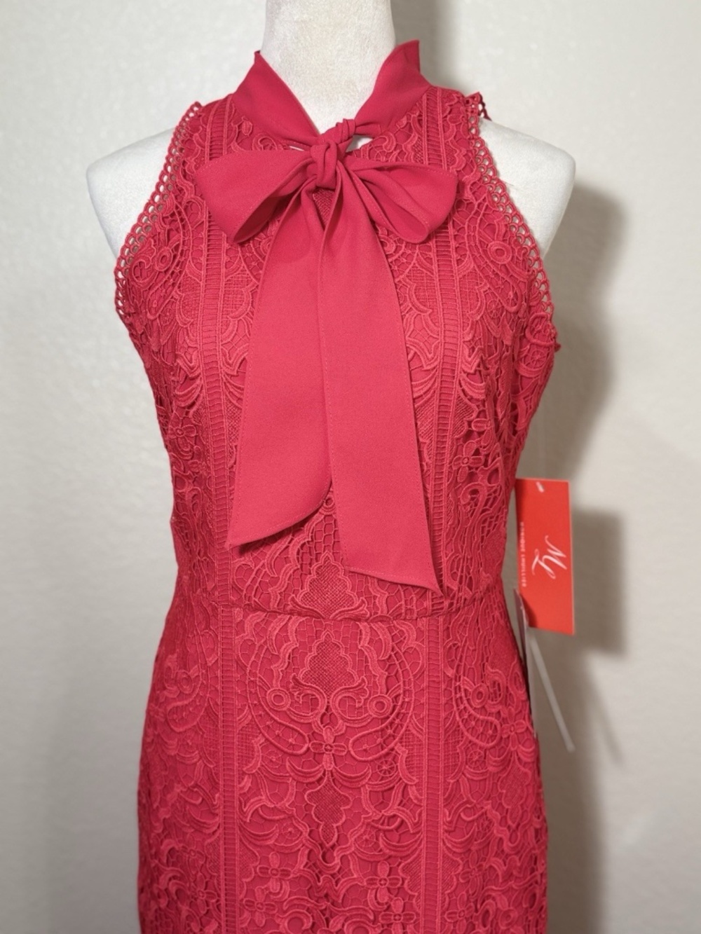 Monique Lhuillier Lace Halter Dress 8 Fuchsia Hot Pink Bow Midi - Picture 5 of 10
